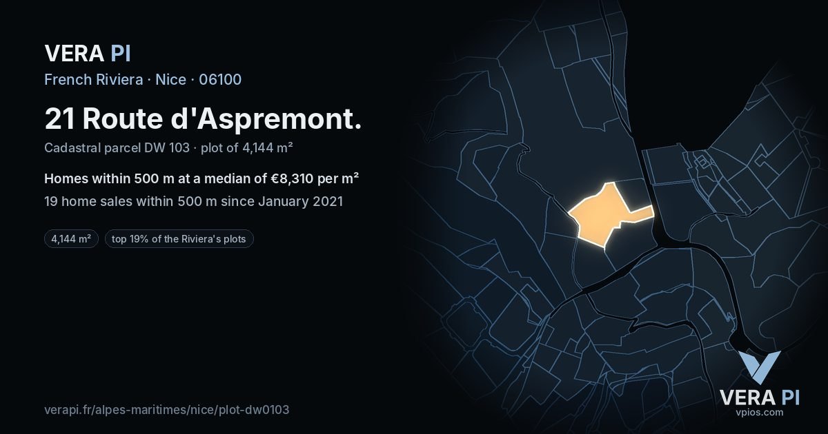 21 Route d'Aspremont, Nice at night – the plot lit, the parcels around coloured by the prices near them