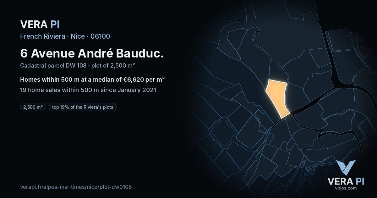 6 Avenue André Bauduc, Nice at night – the plot lit, the parcels around coloured by the prices near them