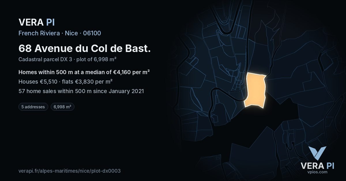 68 Avenue du Col de Bast, Nice at night – the plot lit, the parcels around coloured by the prices near them