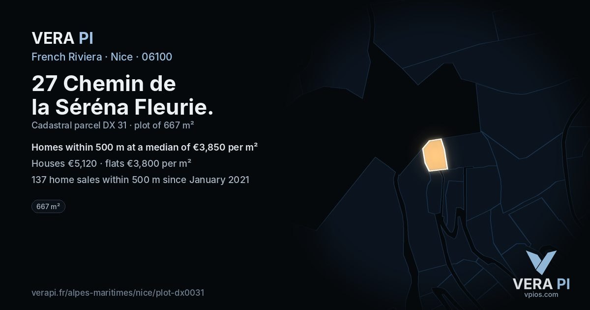 27 Chemin de la Séréna Fleurie, Nice at night – the plot lit, the parcels around coloured by the prices near them