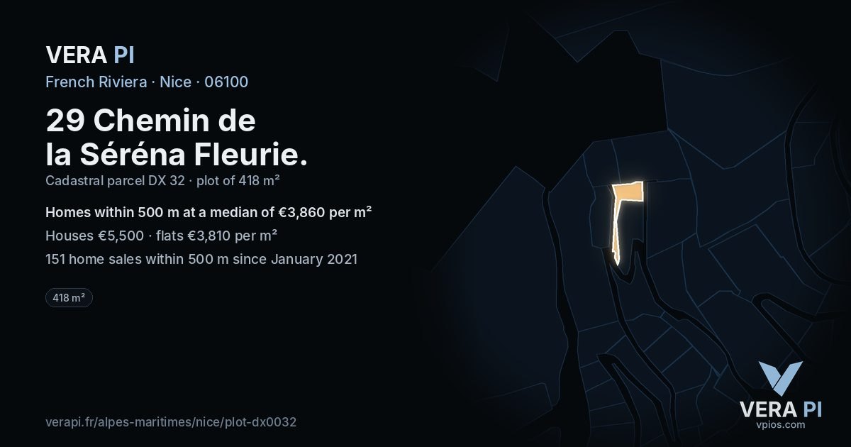 29 Chemin de la Séréna Fleurie, Nice at night – the plot lit, the parcels around coloured by the prices near them