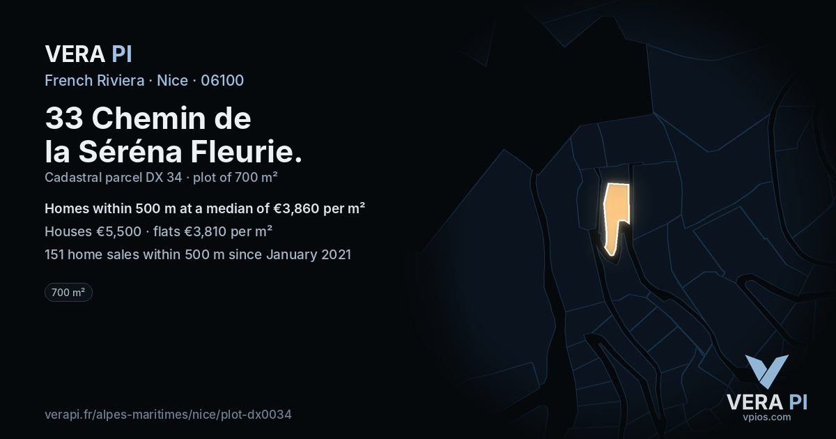 33 Chemin de la Séréna Fleurie, Nice at night – the plot lit, the parcels around coloured by the prices near them