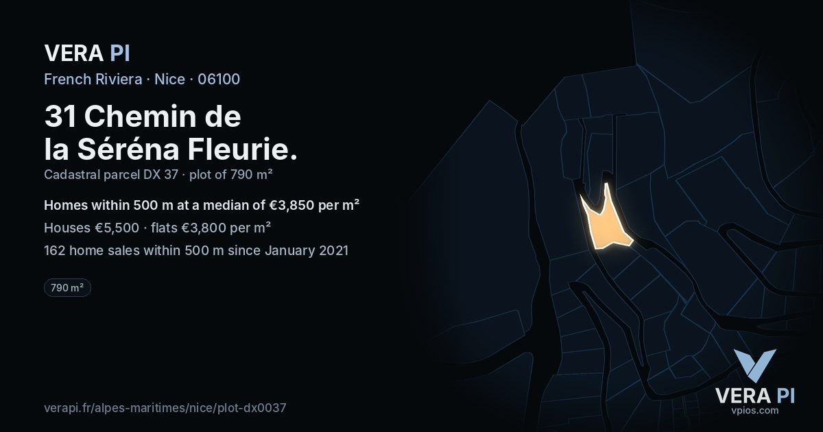 31 Chemin de la Séréna Fleurie, Nice at night – the plot lit, the parcels around coloured by the prices near them