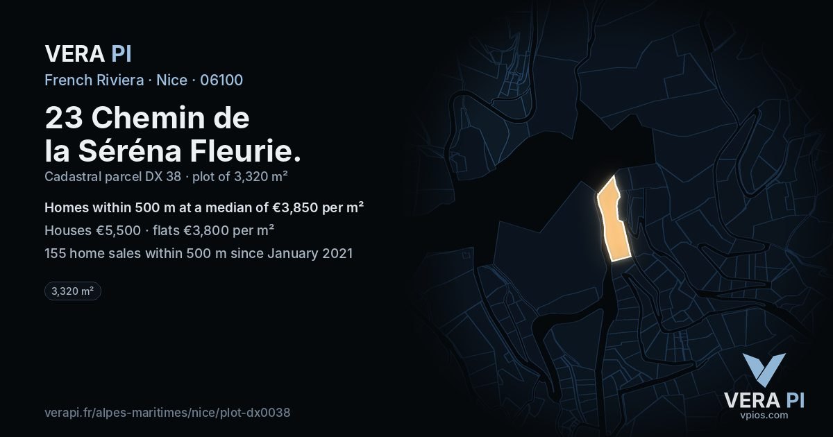 23 Chemin de la Séréna Fleurie, Nice at night – the plot lit, the parcels around coloured by the prices near them