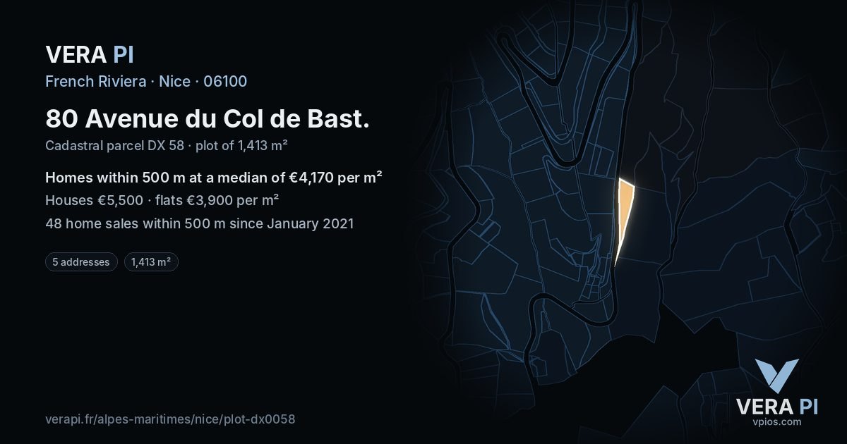 80 Avenue du Col de Bast, Nice at night – the plot lit, the parcels around coloured by the prices near them