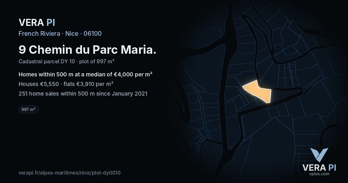 9 Chemin du Parc Maria, Nice at night – the plot lit, the parcels around coloured by the prices near them