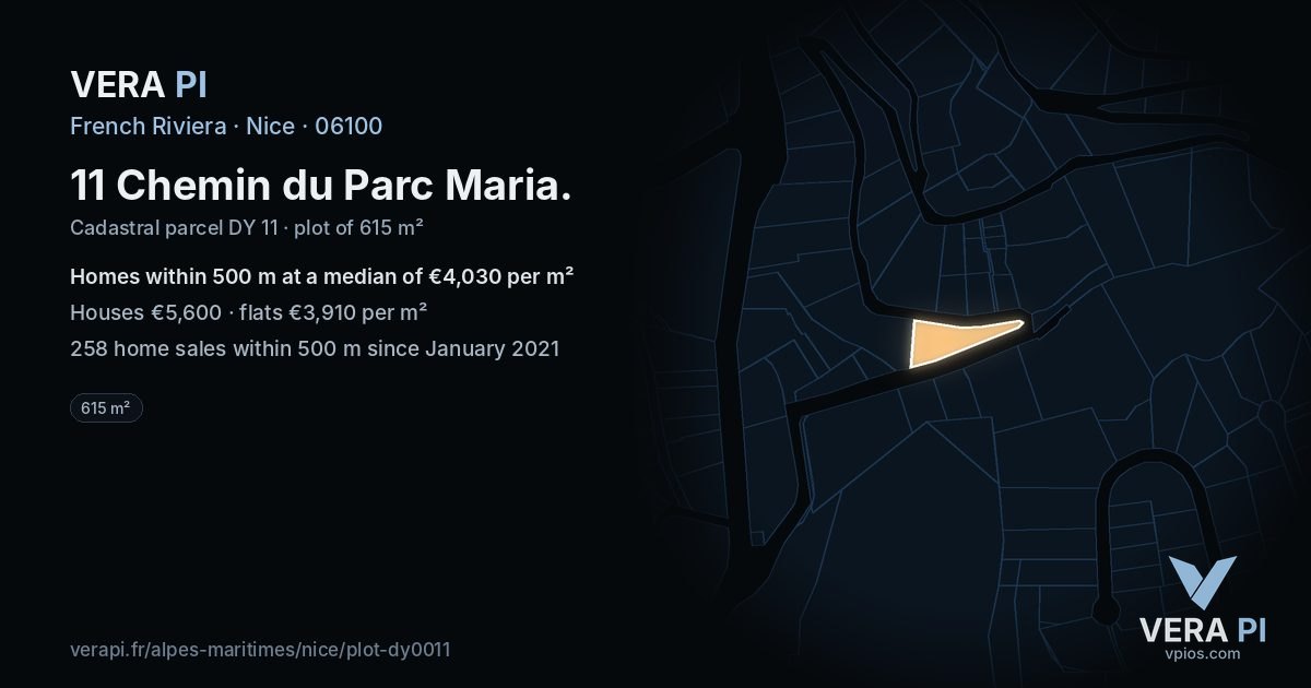 11 Chemin du Parc Maria, Nice at night – the plot lit, the parcels around coloured by the prices near them