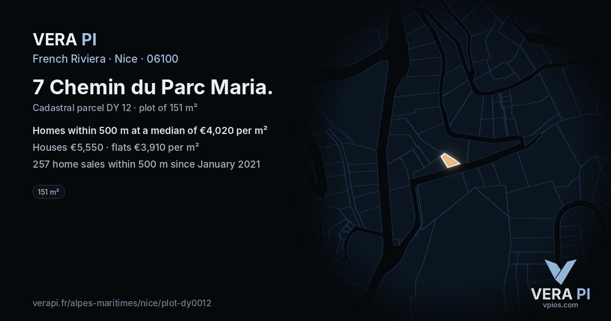 7 Chemin du Parc Maria, Nice at night – the plot lit, the parcels around coloured by the prices near them