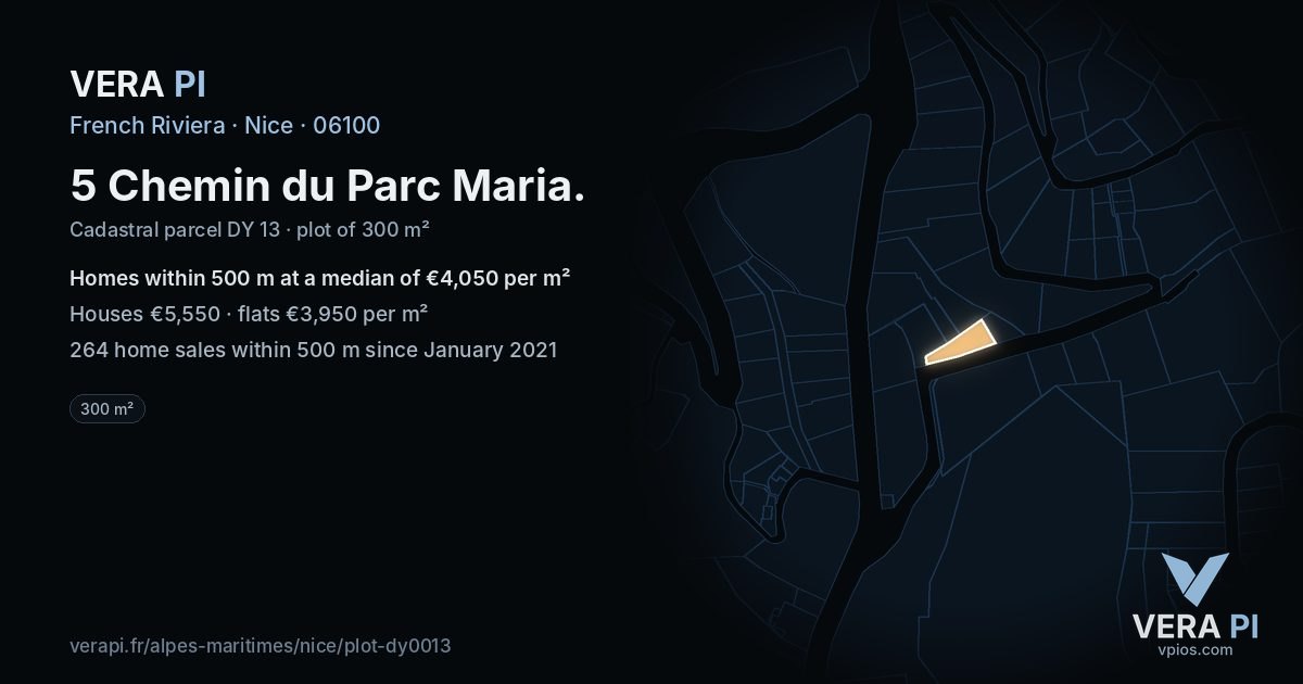 5 Chemin du Parc Maria, Nice at night – the plot lit, the parcels around coloured by the prices near them