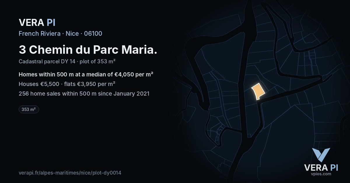 3 Chemin du Parc Maria, Nice at night – the plot lit, the parcels around coloured by the prices near them