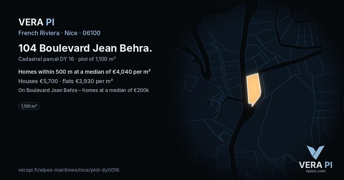 104 Boulevard Jean Behra, Nice at night – the plot lit, the parcels around coloured by the prices near them