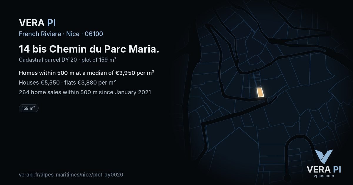 14 bis Chemin du Parc Maria, Nice at night – the plot lit, the parcels around coloured by the prices near them
