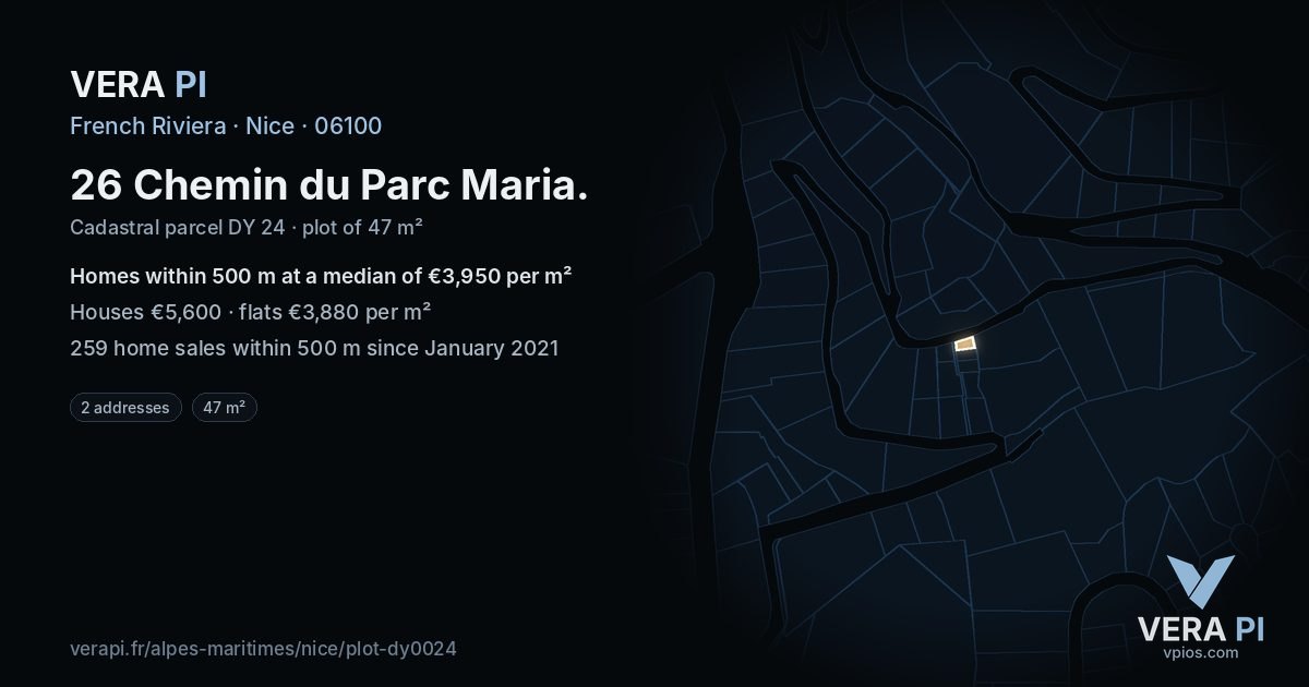 26 Chemin du Parc Maria, Nice at night – the plot lit, the parcels around coloured by the prices near them