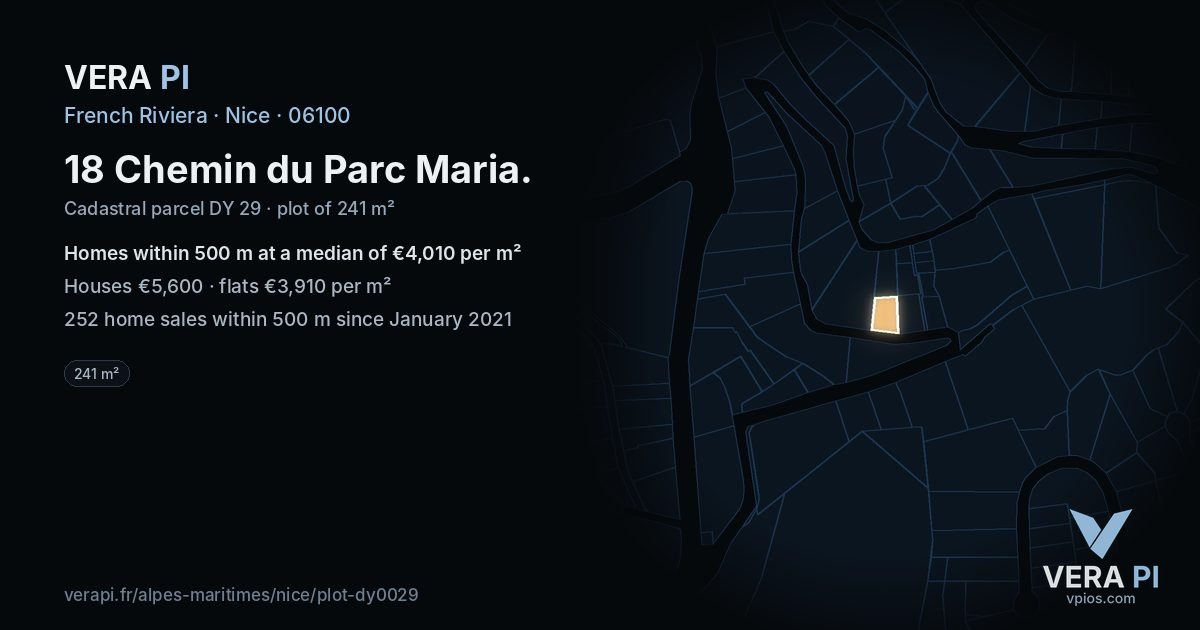 18 Chemin du Parc Maria, Nice at night – the plot lit, the parcels around coloured by the prices near them