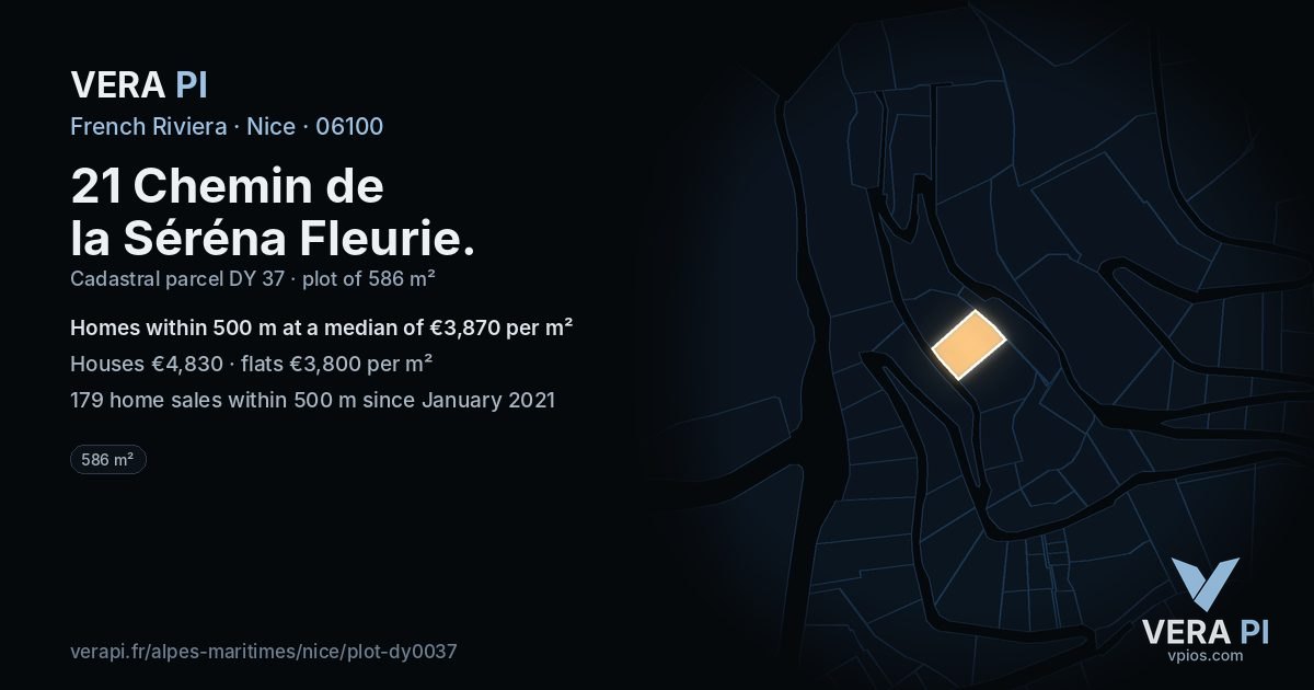 21 Chemin de la Séréna Fleurie, Nice at night – the plot lit, the parcels around coloured by the prices near them