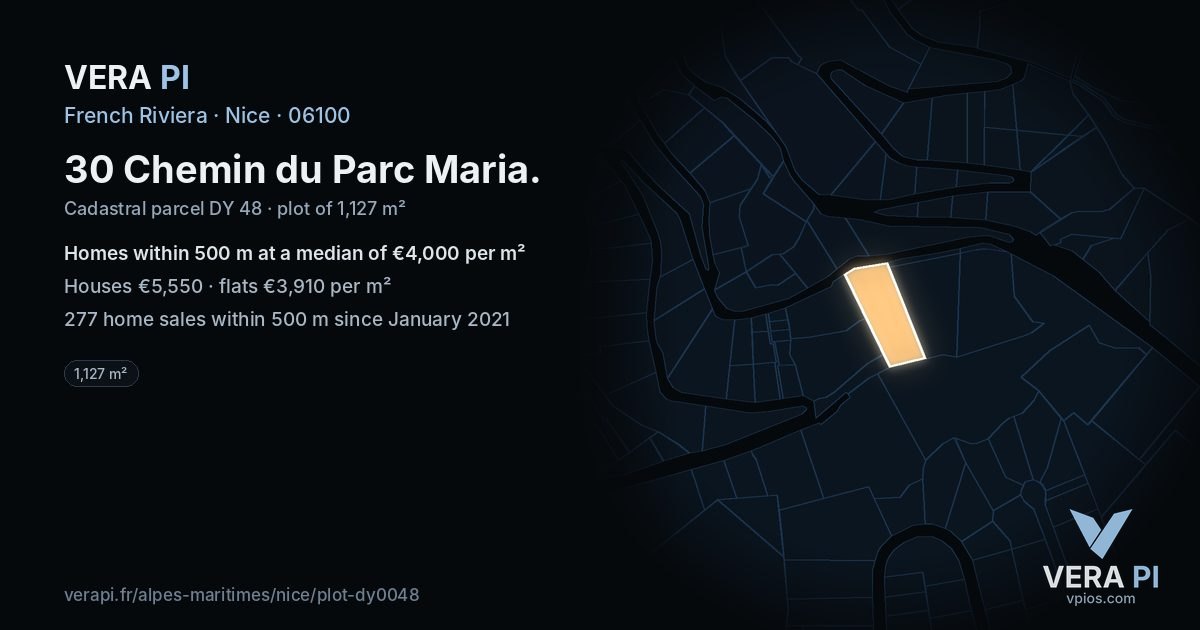 30 Chemin du Parc Maria, Nice at night – the plot lit, the parcels around coloured by the prices near them