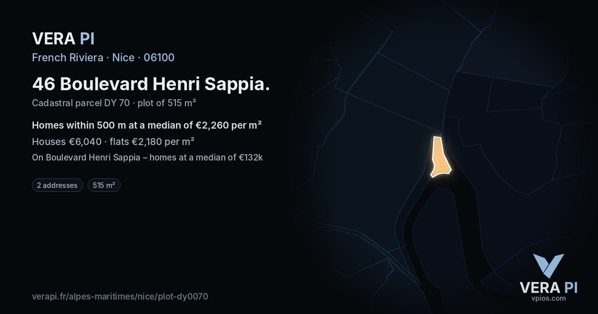 46 Boulevard Henri Sappia, Nice at night – the plot lit, the parcels around coloured by the prices near them