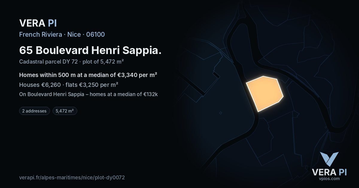 65 Boulevard Henri Sappia, Nice at night – the plot lit, the parcels around coloured by the prices near them