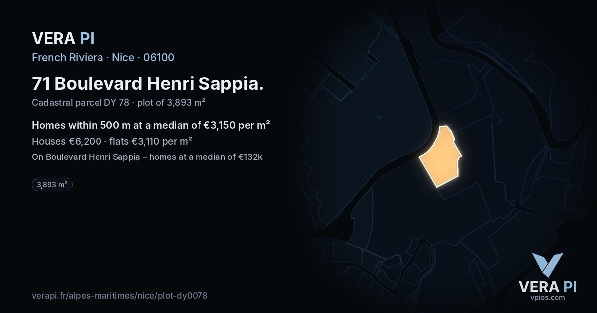 71 Boulevard Henri Sappia, Nice at night – the plot lit, the parcels around coloured by the prices near them