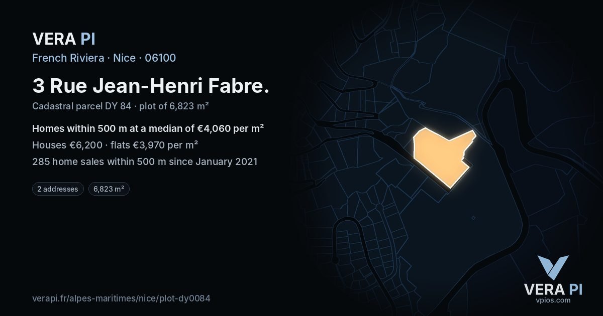 3 Rue Jean-Henri Fabre, Nice at night – the plot lit, the parcels around coloured by the prices near them