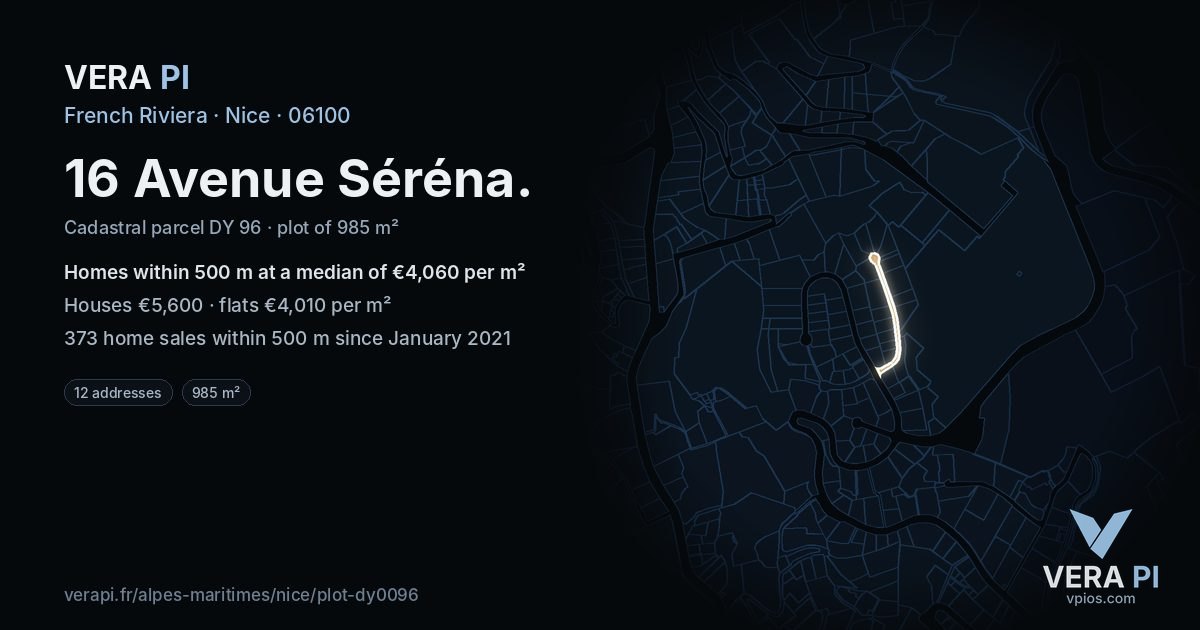 16 Avenue Séréna, Nice at night – the plot lit, the parcels around coloured by the prices near them