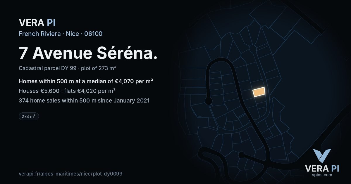 7 Avenue Séréna, Nice at night – the plot lit, the parcels around coloured by the prices near them