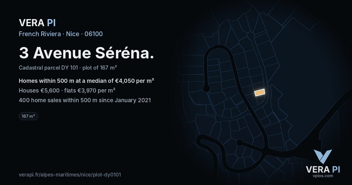 3 Avenue Séréna, Nice at night – the plot lit, the parcels around coloured by the prices near them