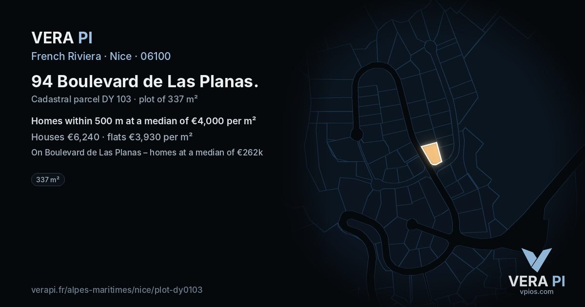 94 Boulevard de Las Planas, Nice at night – the plot lit, the parcels around coloured by the prices near them