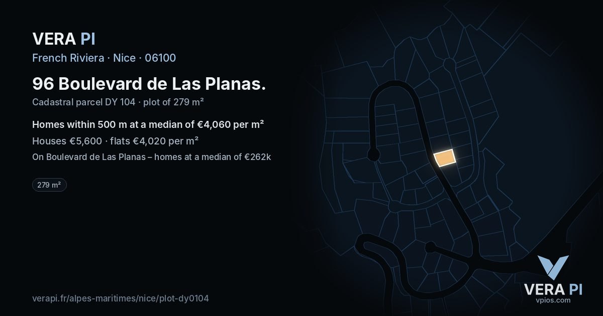 96 Boulevard de Las Planas, Nice at night – the plot lit, the parcels around coloured by the prices near them