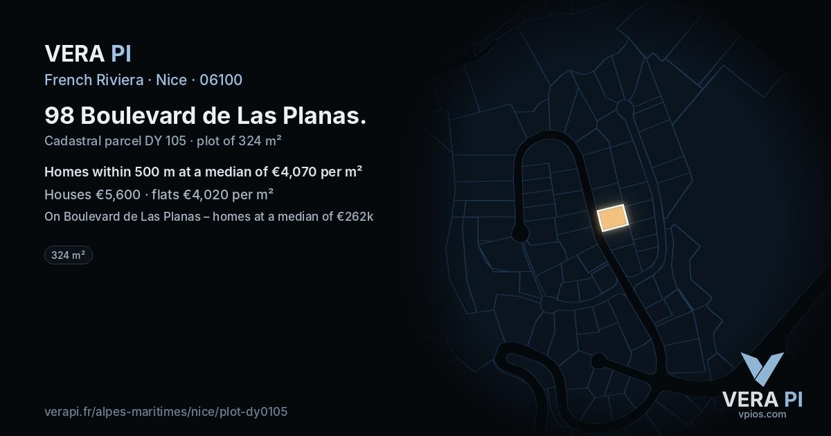 98 Boulevard de Las Planas, Nice at night – the plot lit, the parcels around coloured by the prices near them