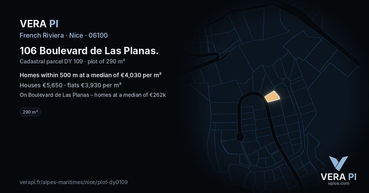106 Boulevard de Las Planas, Nice at night – the plot lit, the parcels around coloured by the prices near them