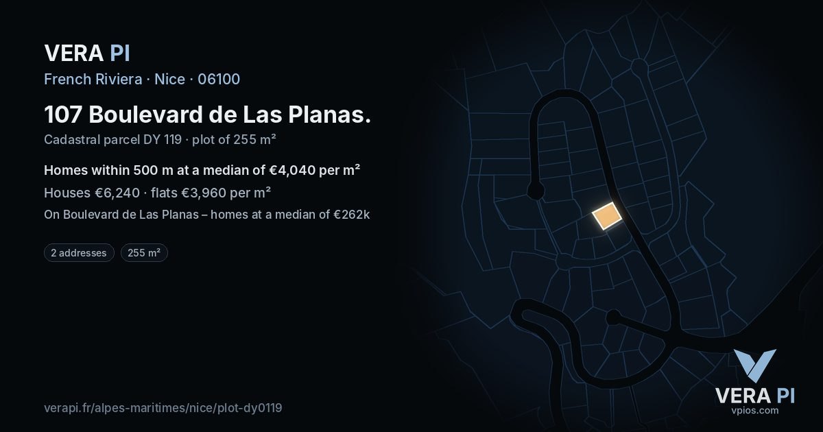 107 Boulevard de Las Planas, Nice at night – the plot lit, the parcels around coloured by the prices near them