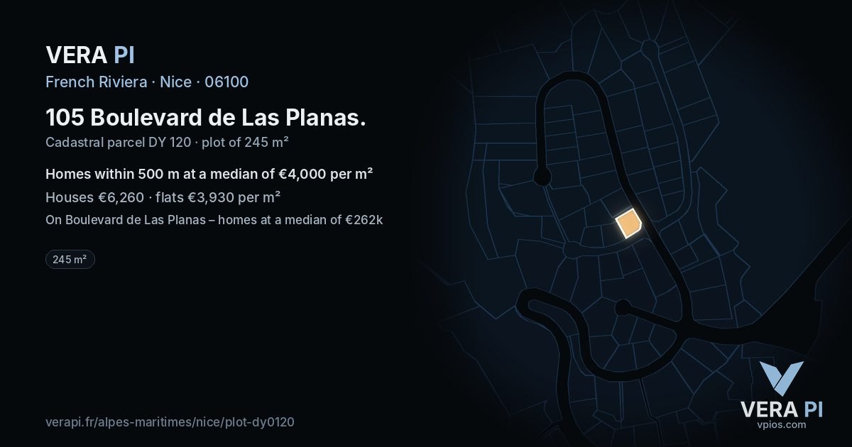 105 Boulevard de Las Planas, Nice at night – the plot lit, the parcels around coloured by the prices near them