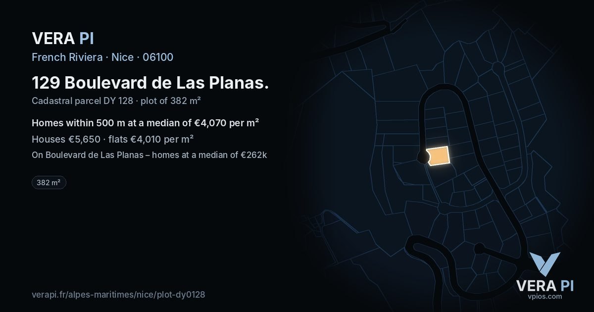 129 Boulevard de Las Planas, Nice at night – the plot lit, the parcels around coloured by the prices near them