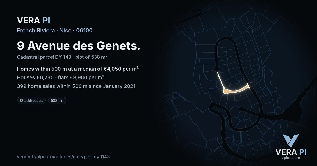 9 Avenue des Genets, Nice at night – the plot lit, the parcels around coloured by the prices near them