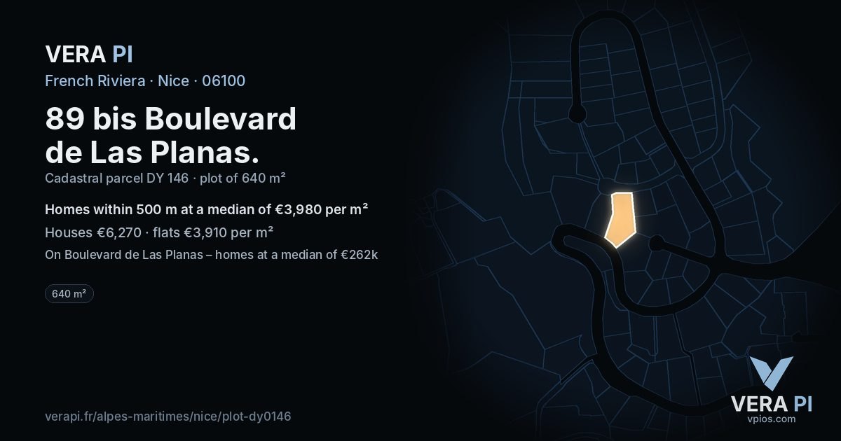 89 bis Boulevard de Las Planas, Nice at night – the plot lit, the parcels around coloured by the prices near them