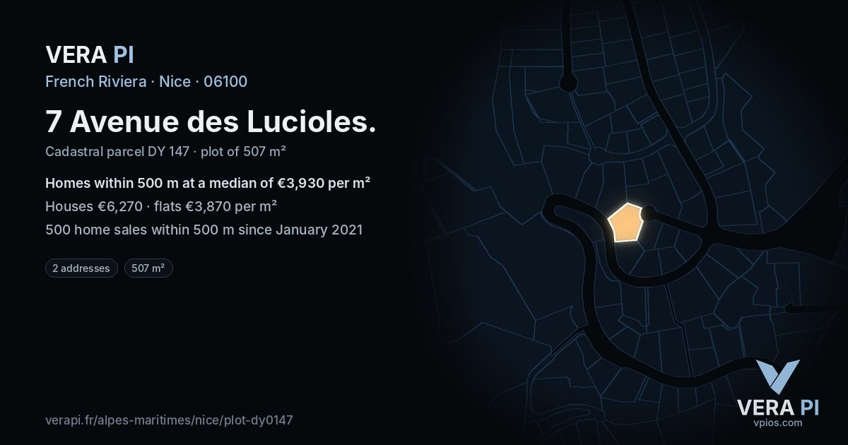 7 Avenue des Lucioles, Nice at night – the plot lit, the parcels around coloured by the prices near them