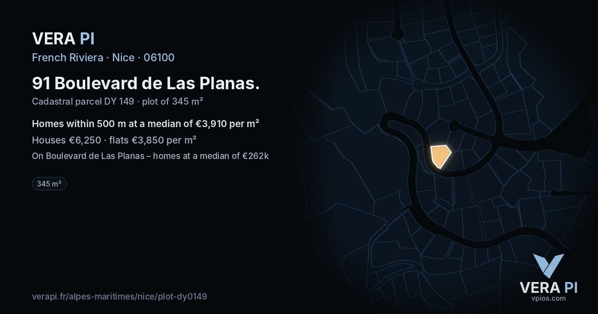 91 Boulevard de Las Planas, Nice at night – the plot lit, the parcels around coloured by the prices near them