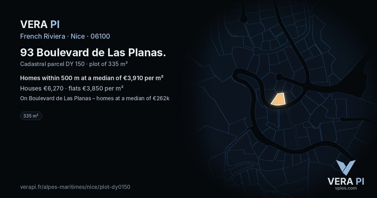 93 Boulevard de Las Planas, Nice at night – the plot lit, the parcels around coloured by the prices near them