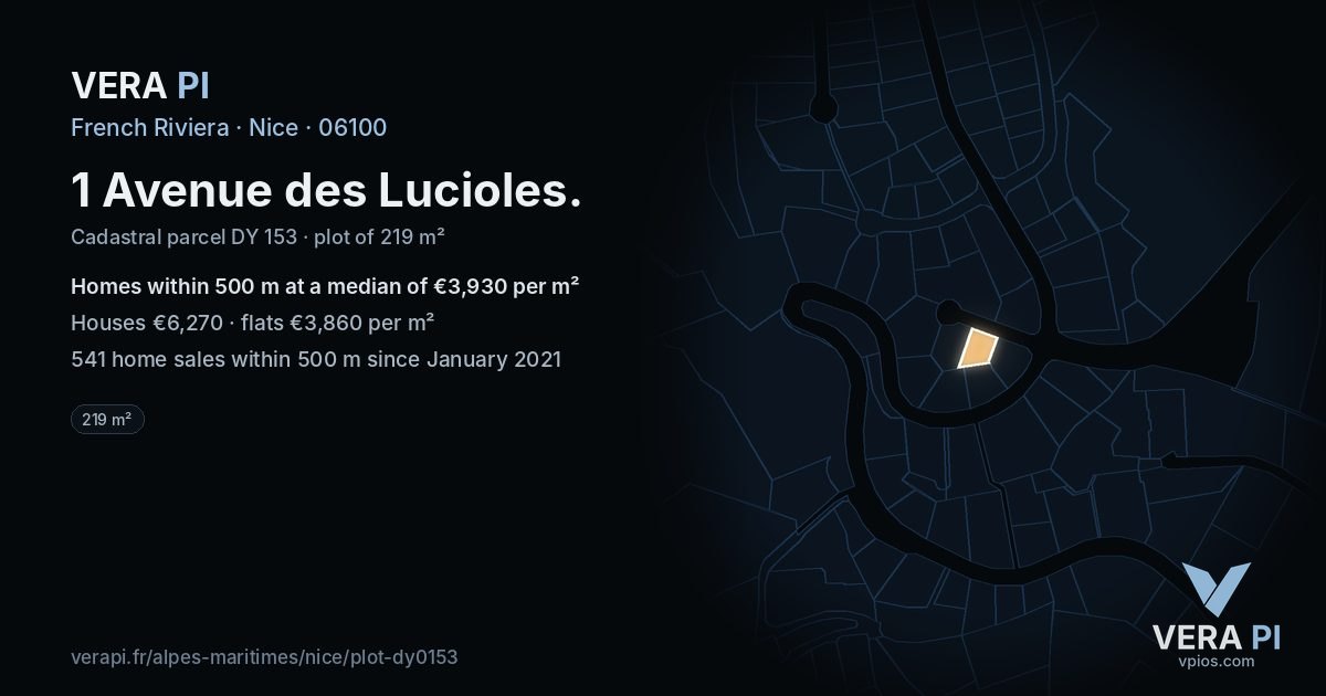 1 Avenue des Lucioles, Nice at night – the plot lit, the parcels around coloured by the prices near them
