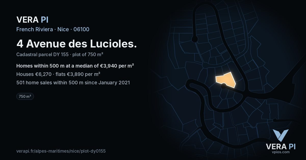 4 Avenue des Lucioles, Nice at night – the plot lit, the parcels around coloured by the prices near them