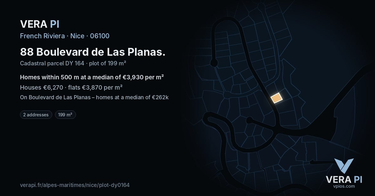 88 Boulevard de Las Planas, Nice at night – the plot lit, the parcels around coloured by the prices near them