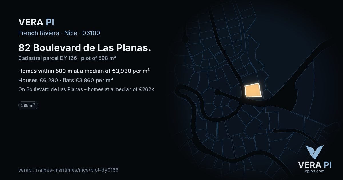82 Boulevard de Las Planas, Nice at night – the plot lit, the parcels around coloured by the prices near them