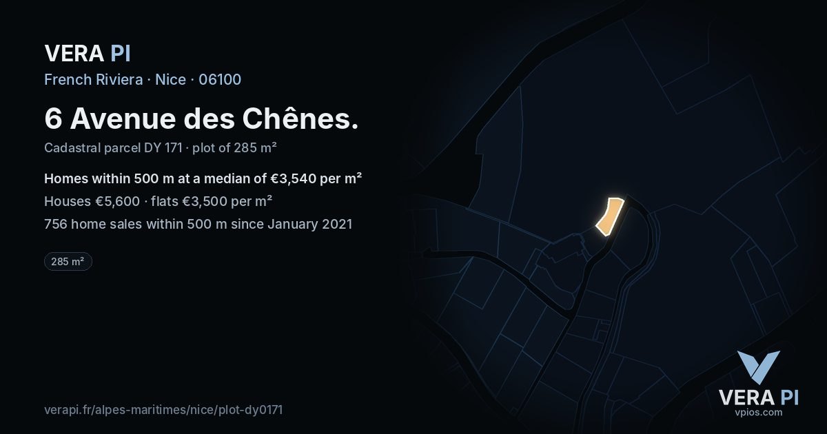 6 Avenue des Chênes, Nice at night – the plot lit, the parcels around coloured by the prices near them