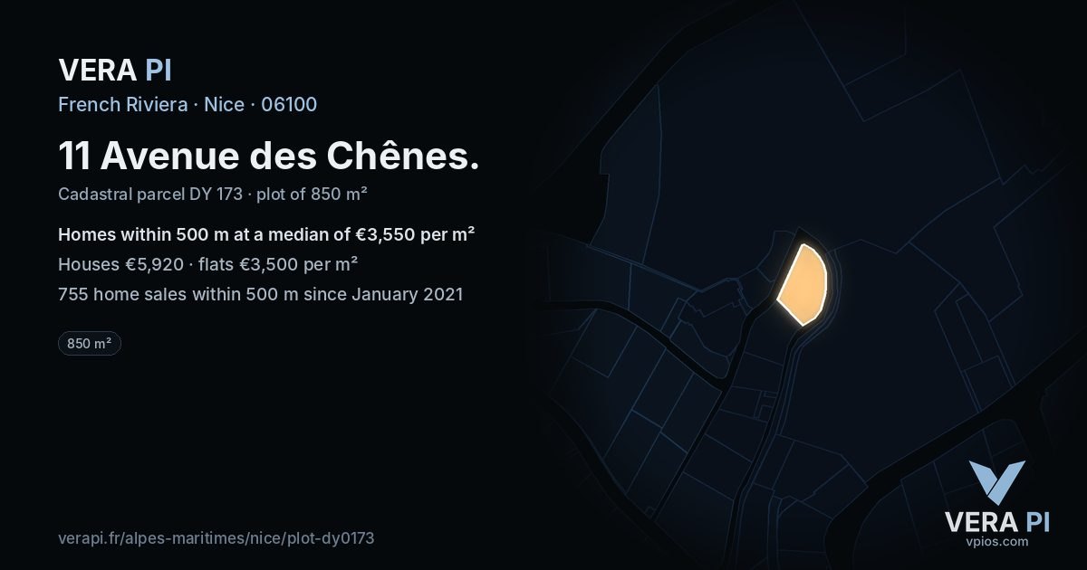 11 Avenue des Chênes, Nice at night – the plot lit, the parcels around coloured by the prices near them