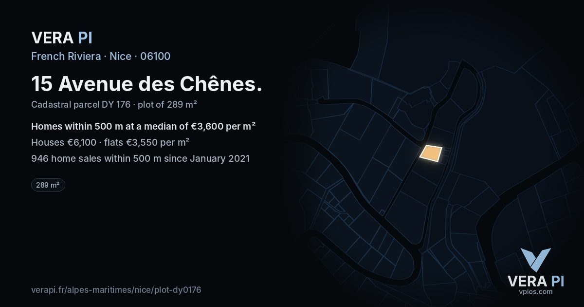 15 Avenue des Chênes, Nice at night – the plot lit, the parcels around coloured by the prices near them