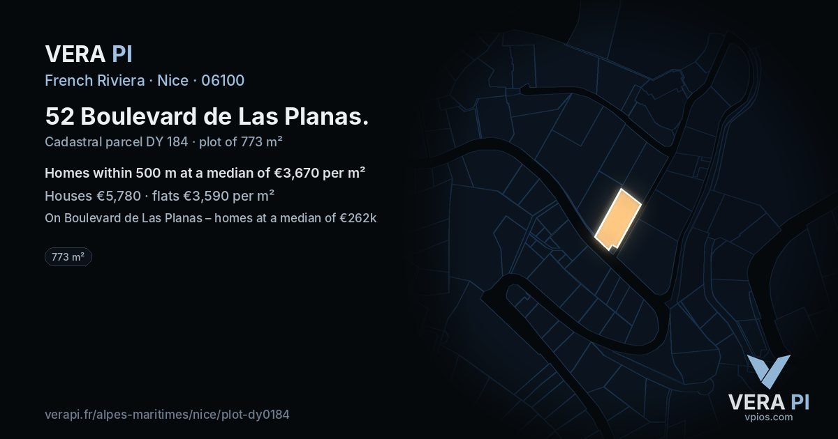 52 Boulevard de Las Planas, Nice at night – the plot lit, the parcels around coloured by the prices near them