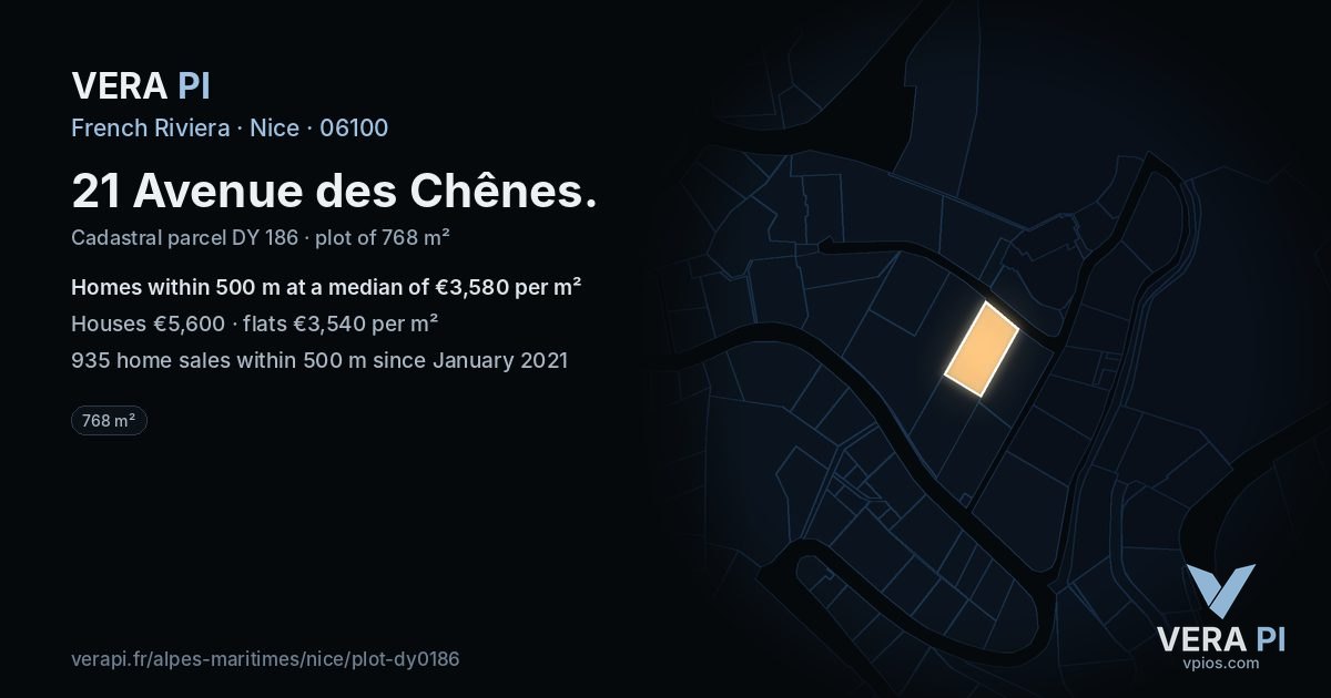 21 Avenue des Chênes, Nice at night – the plot lit, the parcels around coloured by the prices near them