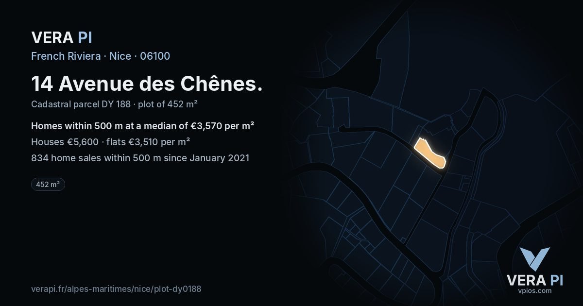 14 Avenue des Chênes, Nice at night – the plot lit, the parcels around coloured by the prices near them