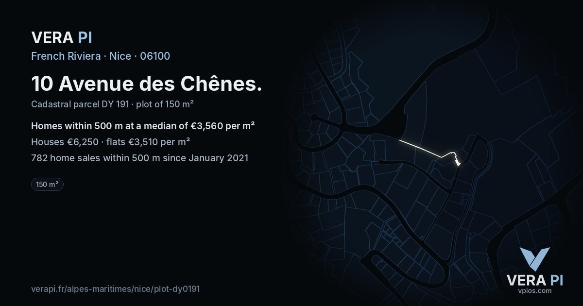 10 Avenue des Chênes, Nice at night – the plot lit, the parcels around coloured by the prices near them